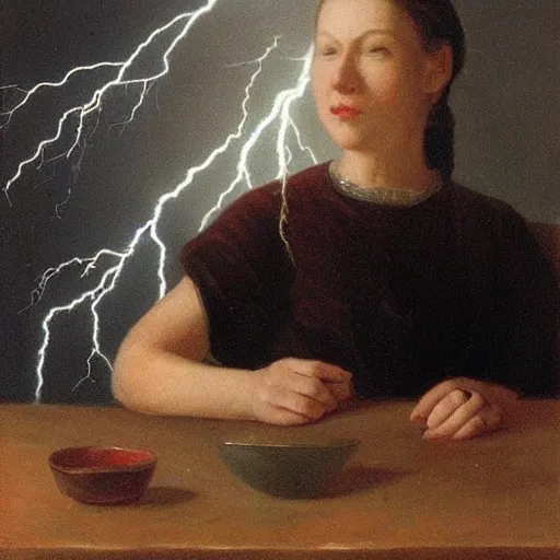 Image similar to a woman sitting a table, holding her palms up, one full of thunder and one full of lightning