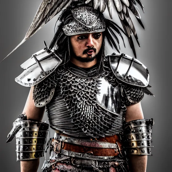 Image similar to photo of a warrior with metal parrot themed armour, highly detailed, 4 k, hdr, smooth, sharp focus, high resolution, award - winning photo