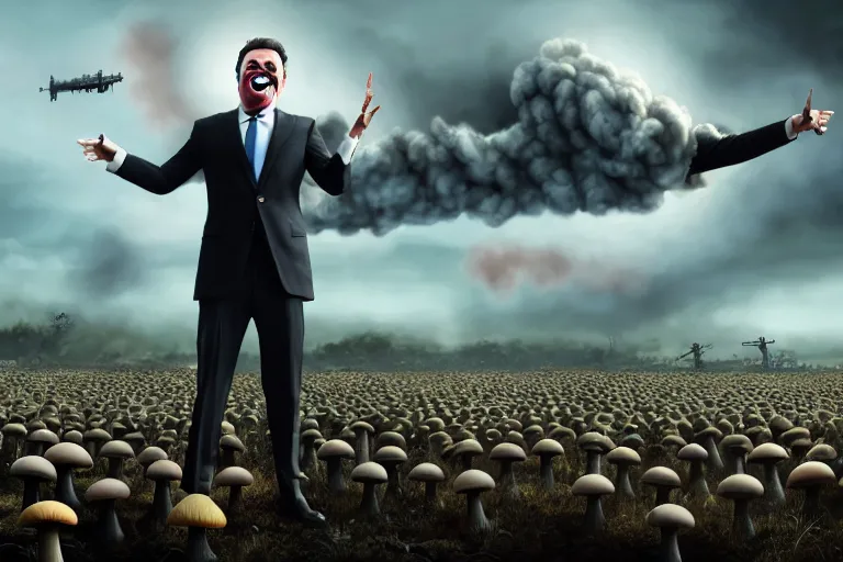 Image similar to a Comedian in suit and tie performing in a battle field with smiling dead bodies on the ground, comedian is funny, performing to dead soldiers, nuclear bomb mushroom cloud in far horizon, apocalypse, trending on artstation, artstationHD, hyperdetailed matte painting, highly detailed, digital painting, hyper-realistic, realistic, photorealistic