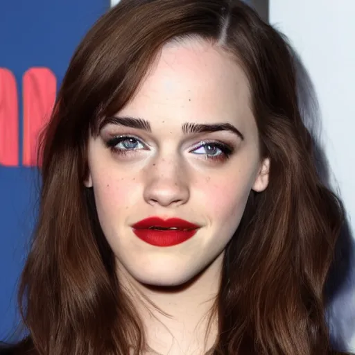 Image similar to a woman who is a genetic combination of kat dennings and emma watson face and upper - body focus
