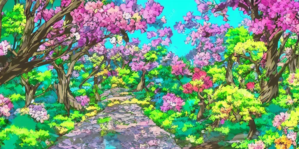 Prompt: a beautiful landscape of multi coloured flowers, trees and bushes. Anime style.