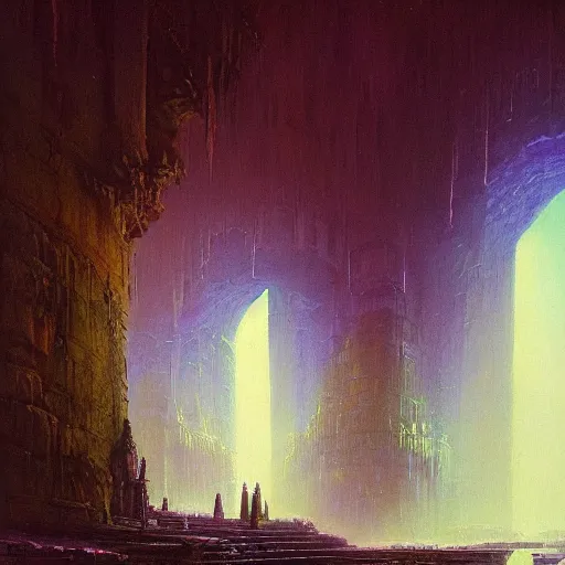 Prompt: a beautiful painting of a dimly lit dark cavernous temple with blue and purple sources of light by bruce pennington, trending on artstation