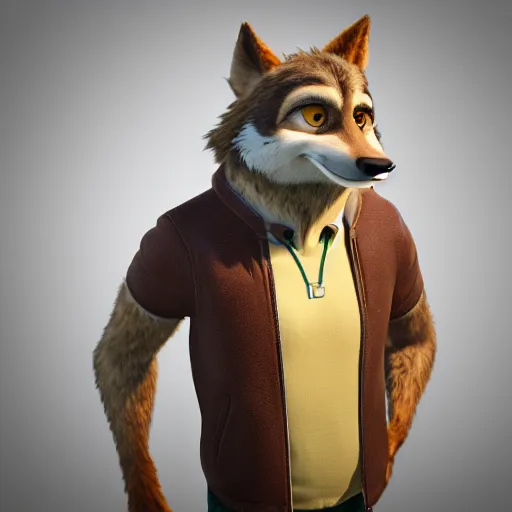 Image similar to far shot, 3d render , anthropomorphic wolf male , wearing along brown leather jacket , in the style of Zootopia