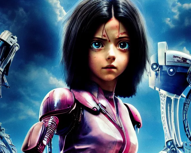 Image similar to a beautiful film still from battle angel alita played by actress millie bobby brown, futuristic, cinematic lighting, photorealistic, lifelike, highly detailed, photorealistic, high resolution