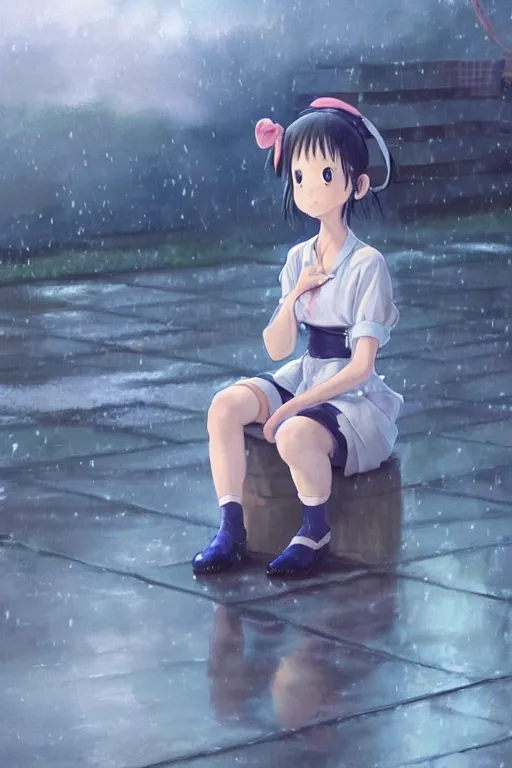 Image similar to 3d octane render portrait a stern girl in Japanese maid's clothes and long stockings sits on the wet pavement in a parking lot in the rain at night. art by hayao miyazaki and Ruan Jia and Mandy Jurgens and Artgerm and William-Adolphe Bouguerea Sakimichan, oil painting