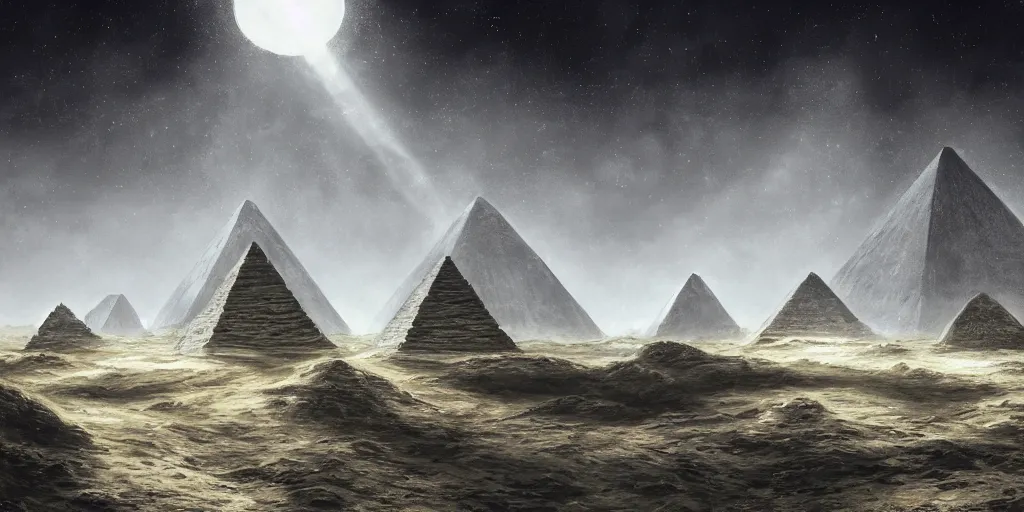 Image similar to stygian beautiful painting of a landscape with levitating obsidian alien pyramids with by kim jakobsson, takato yamamoto, clement - auguste andrieux and santiago caruso trending on artstation sunshine rays cryengine behance hd 8 k 3 d 8 k resolution photoillustration ambient occlusion, stars with lasers, nyarlathotep by arrivabene