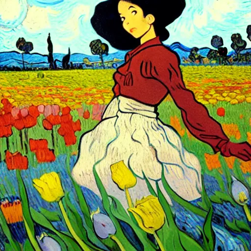 Image similar to beautiful dark skinned mexican woman, dancing in a field of tulips and baby's breath, prominent, rosy cheek bones, black hair and brown eyes, van gogh art style, art by hayao miyazaki, makoto shinkai