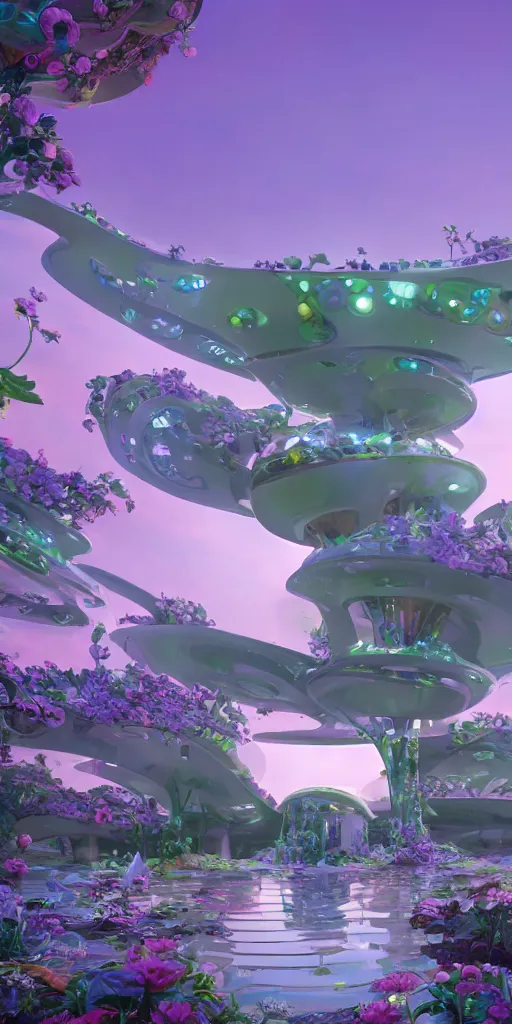 Image similar to humongous technologic flower - shaped house on a alien planet, by pixar, smooth, cinematic, wet reflections, ray tracing x, rtx, smooth