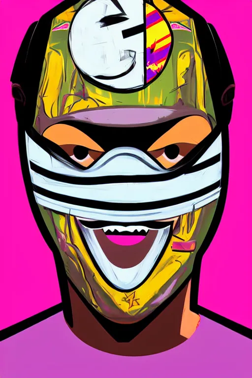 Prompt: masked skateboarder smile on face pop art, pixel, gta vice city art style, face features, body features, ultra realistic art, digital painting, concept art, smooth, sharp focus, illustration, intricate, without duplication, elegant, confident posse, art by mark millar and richard hamilton and mimmo rottela, kirokaze and paul robertson