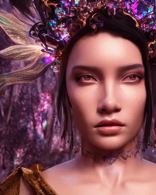 Image similar to beauteous sumptuous dark empress with incredible iridescent pearlescent voluminous hair, photo - realistic crystalline masterpiece incrustations, hyperdetailed kind face, elegant pose, movie still, cinematic forest lighting, intricate accuracy, octane render, cgsociety, artgerm, unreal engine, crepuscular rays, god rays