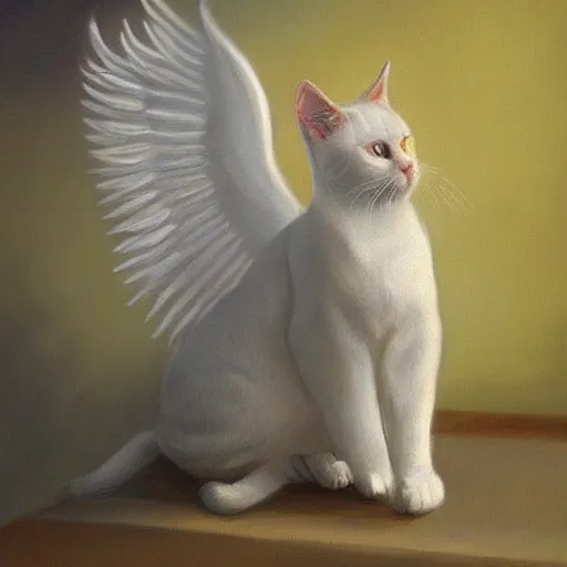 Prompt: a painting of a white cat with angel wings, a fine art painting by hanns katz, trending on deviantart, angelic photograph, majestic