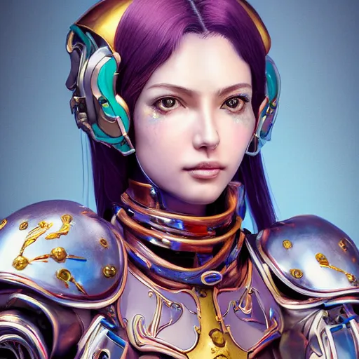 Image similar to studio portrait of lawful good colorful female holy mecha paladin absurdly beautiful, elegant, young sensual graceful woman, ultrafine hyperrealistic detailed face illustration by kim jung gi, irakli nadar, intricate linework, sharp focus, bright colors, matte, octopath traveler, final fantasy, unreal engine highly rendered, global illumination, radiant light, intricate environment