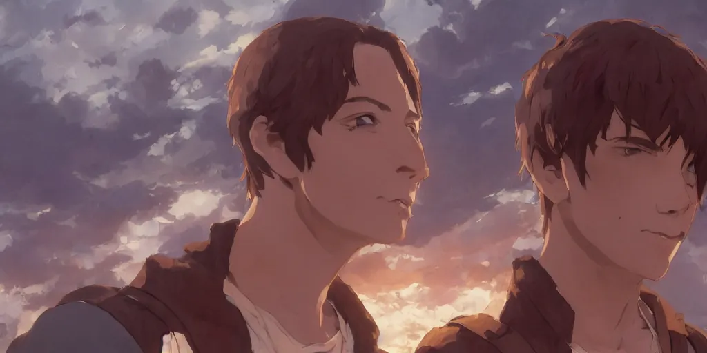 Image similar to a film still portrait of phil spencer, finely detailed features, closeup at the faces, perfect art, at an ancient city, gapmoe yandere grimdark, trending on pixiv fanbox, painted by greg rutkowski makoto shinkai takashi takeuchi studio ghibli, akihiko yoshida,