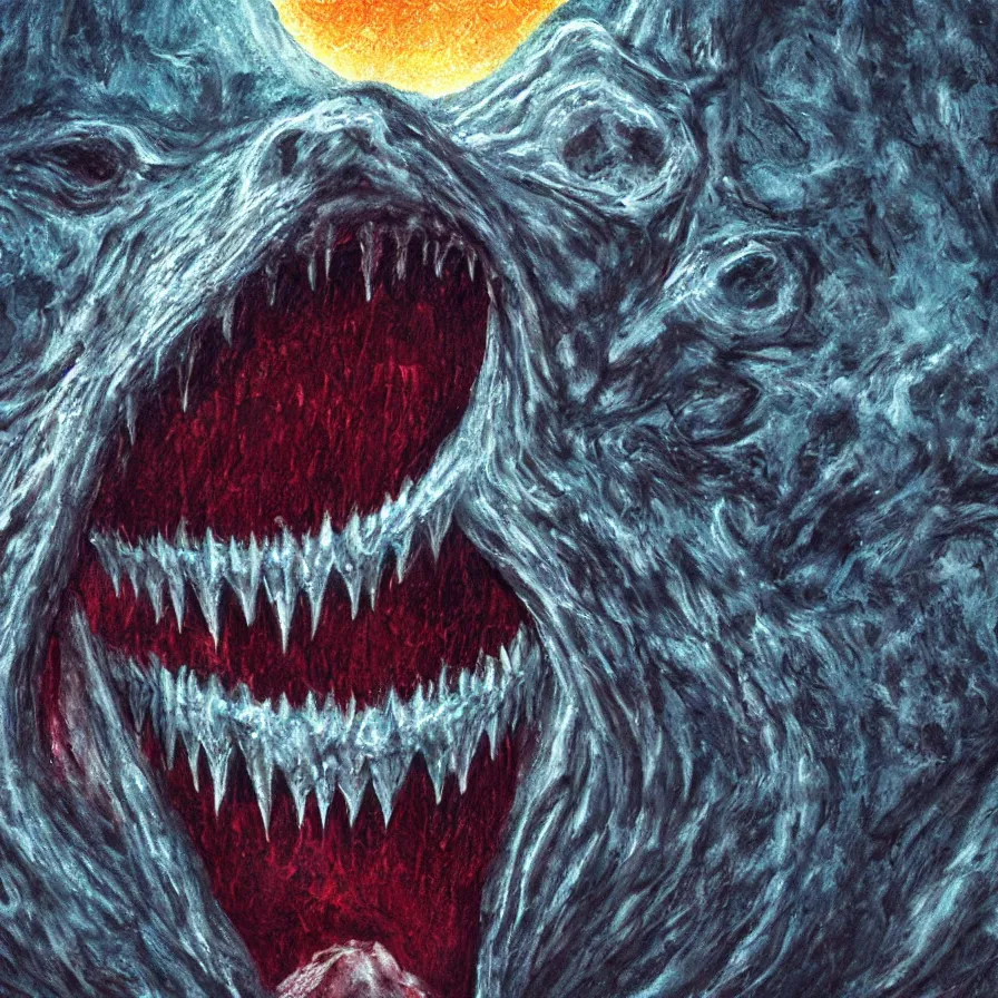 Prompt: fanged maw in the moon devouring moon sharp fangs streaming blood bestial moon, award winning oil painting, chromatic aberration