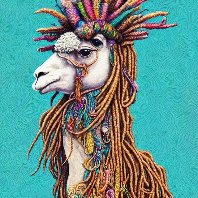 Prompt: llama with dreadlocks, colorful, detailed by ernst haeckel, james jean, mandy jurgens