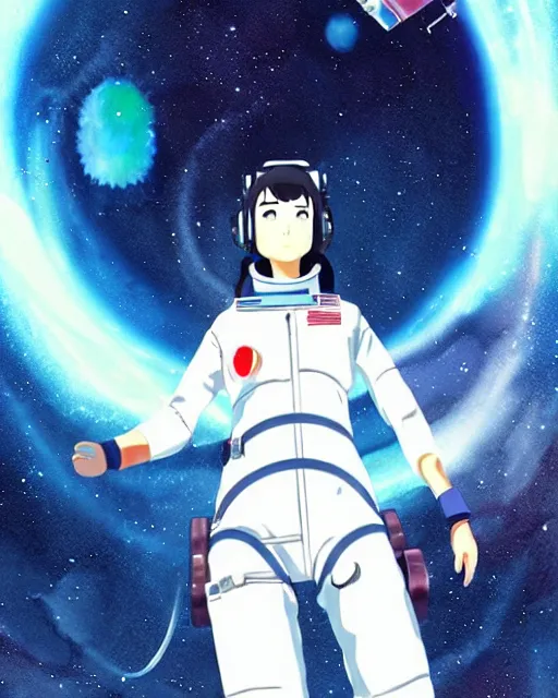 Image similar to oriental water color of a thicc female astronaut, floating through space, backlit, by makoto shinkai