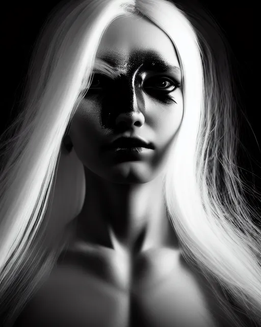 Image similar to surreal mythical dreamy dark artistic black and white fine art 3 / 4 portrait photo of a young delicate mutant female - cyborg with long pale feather hair, rim light, cinematic, studio dramatic light, poetic, octane render, 8 k, photo - realistic