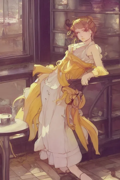 Image similar to A girl in a maid's outfit in a cafe a afternoon, wavy hair yellow theme,S line,45 angel by krenz cushart and mucha and arknights and greg rutkowski