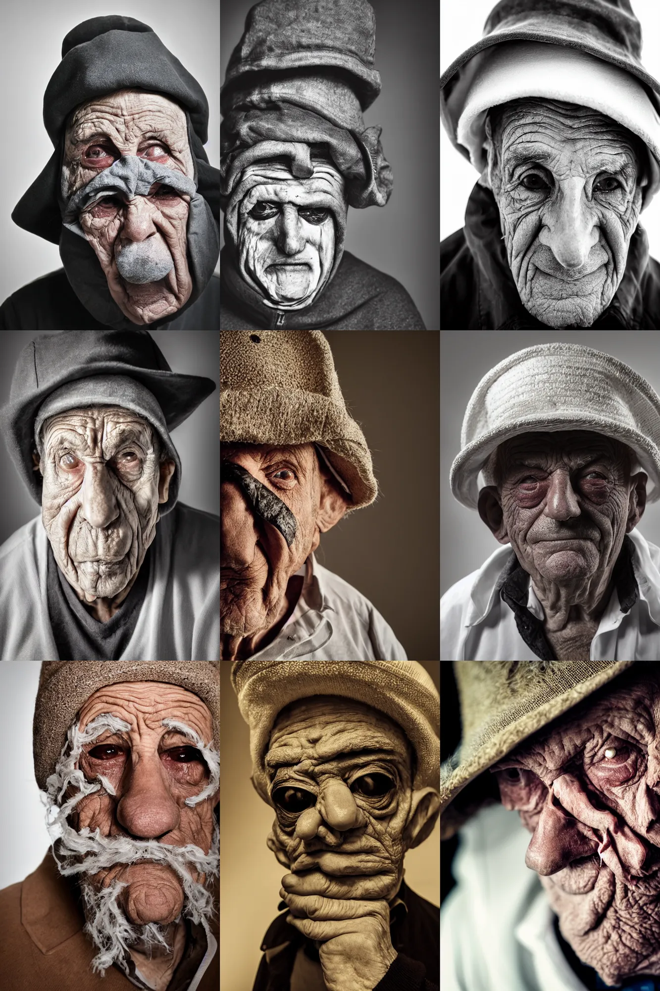 Prompt: high contrast studio close - up portrait of a wrinkled old man wearing a pulcinella mask, clear eyes looking into camera, baggy clothing and hat, backlit, dark mood, nikon, photo by rehahn, masterpiece