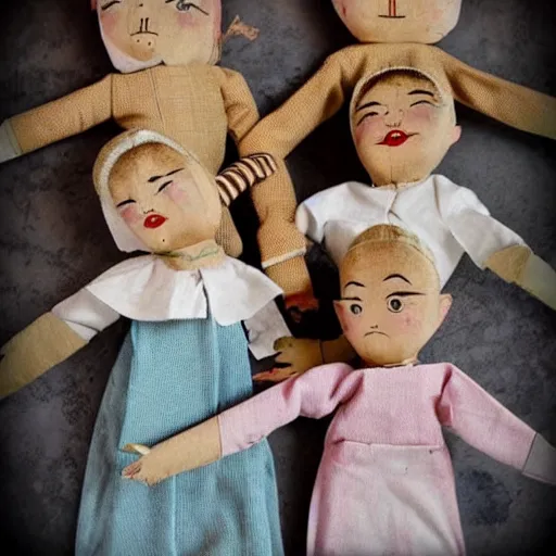 Prompt: 1 9 5 0 s children wooden puppet dolls comming to life, scary, fear, horror, thriller, cinematic still, jumping towards viewer, jump scare, pov, wide shot, polaroid,