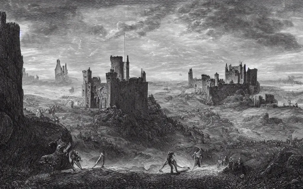 Prompt: an engraving of king arthur and mordred duelling in a wasteland with a castle in the background by gustave dore, caspar david friedrich, ian miller, highly detailed, strong shadows, depth, lithograph engraving