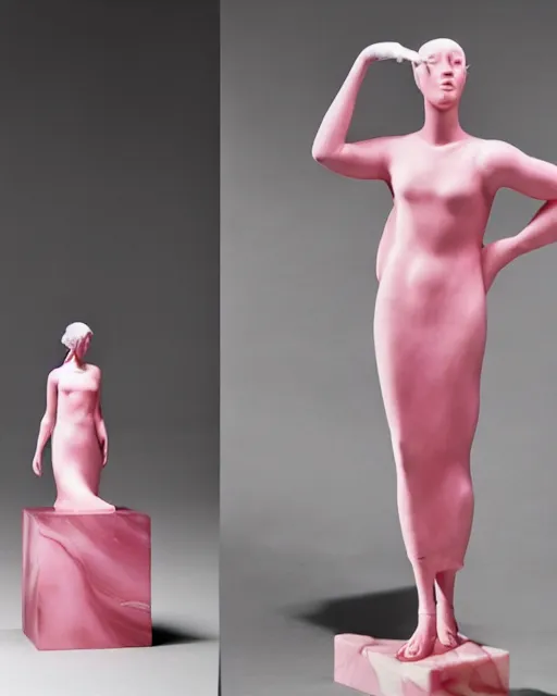 Image similar to a woman in a pink dress is posing for a photo, a marble sculpture by alexander mcqueen, featured on cg society, vorticism, genderless, androgynous, feminine