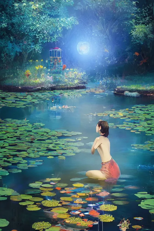 Image similar to nenufar in a pond, colorful, blue backgroung,clean, joyful, intricate, elegant, volumetric lighting, digital painting, highly detailed, artstation, sharp focus, illustration, concept art, ruan jia, steve mccurry