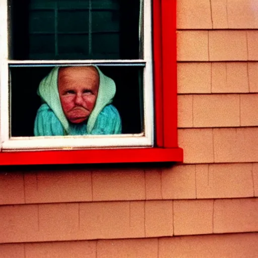 Prompt: Zoomed cropped closeup of unexpected voyeuristic eye contact with neighbor in window, Technicolor, telephoto lens, vintage photograph