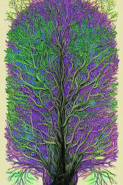 Image similar to a color digital art drawing of a tree with its roots in the water, an illustration of by edgar schofield baum, haeckel and alasdair gray, featured on deviantart, iridescent, ecological art, photoillustration, fractalism, storybook illustration