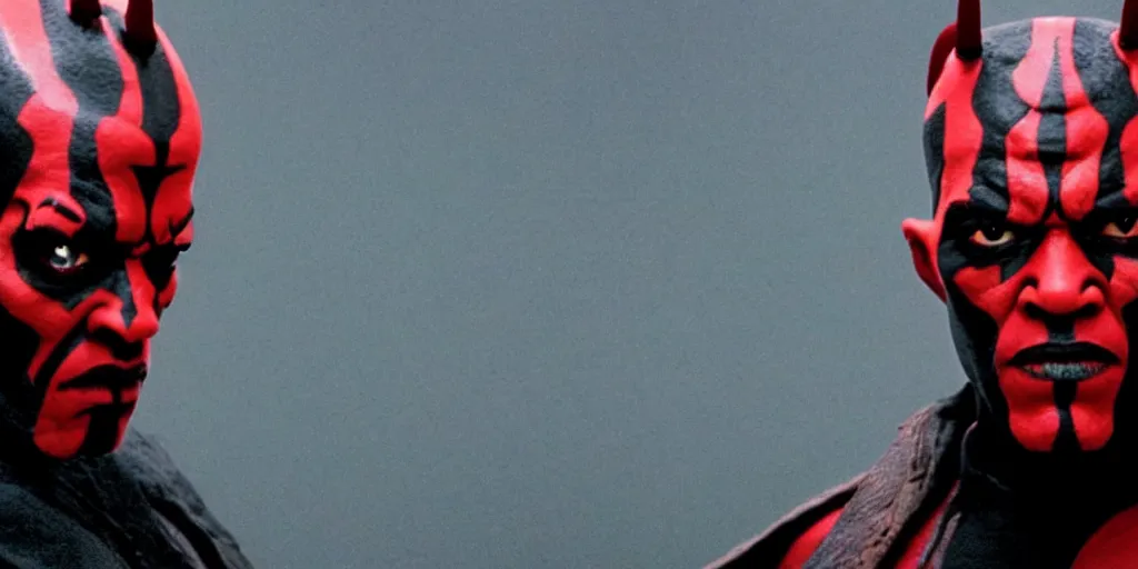 Image similar to a film still of samuel l. jackson starring in a blockbuster film as darth maul from star wars, shallow depth of field, cinematic, award winning cgi, vfx, film still