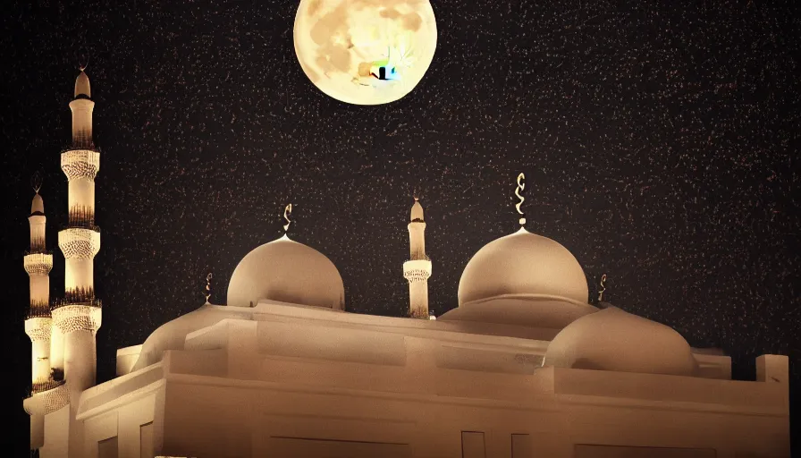 Image similar to photo of beautiful mosque under a giant full moon, glowing arabic symbols floating in the air, cinematic, extreme detail, sharp focus, masterpiece,