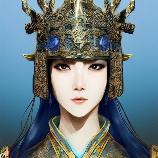 Image similar to ancient chinese princess with steampunk mask, dynasty warriors, elegant, unreal engine, 8 k, blue color scheme, headshot, highly detailed, smooth, ink painting, artstation, concept art, in style of yoji shinkawa, pan ren wei, col price, atey ghailan, by greg rutkowski, aesthetic on a hoodie