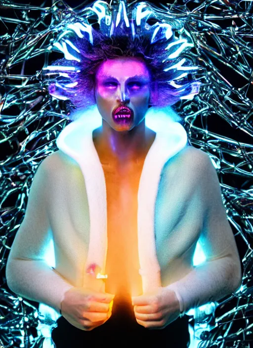 Image similar to photo of baroque and bladerunner delicate neon diamond sculpture of ceramic albino king marlon teixeira seductive delicious tongue out, creamy orange iridescent humanoid deity wearing white fluffy hoody holding diamond skull in a black metallic dungeon, reclining, glowing rainbow face, crown of white diamonds, cinematic lighting, photorealistic, octane render 8 k depth of field 3 d