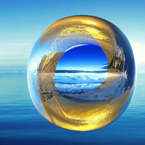 Image similar to a reflective golden eco sphere and torus in the sky over the ocean