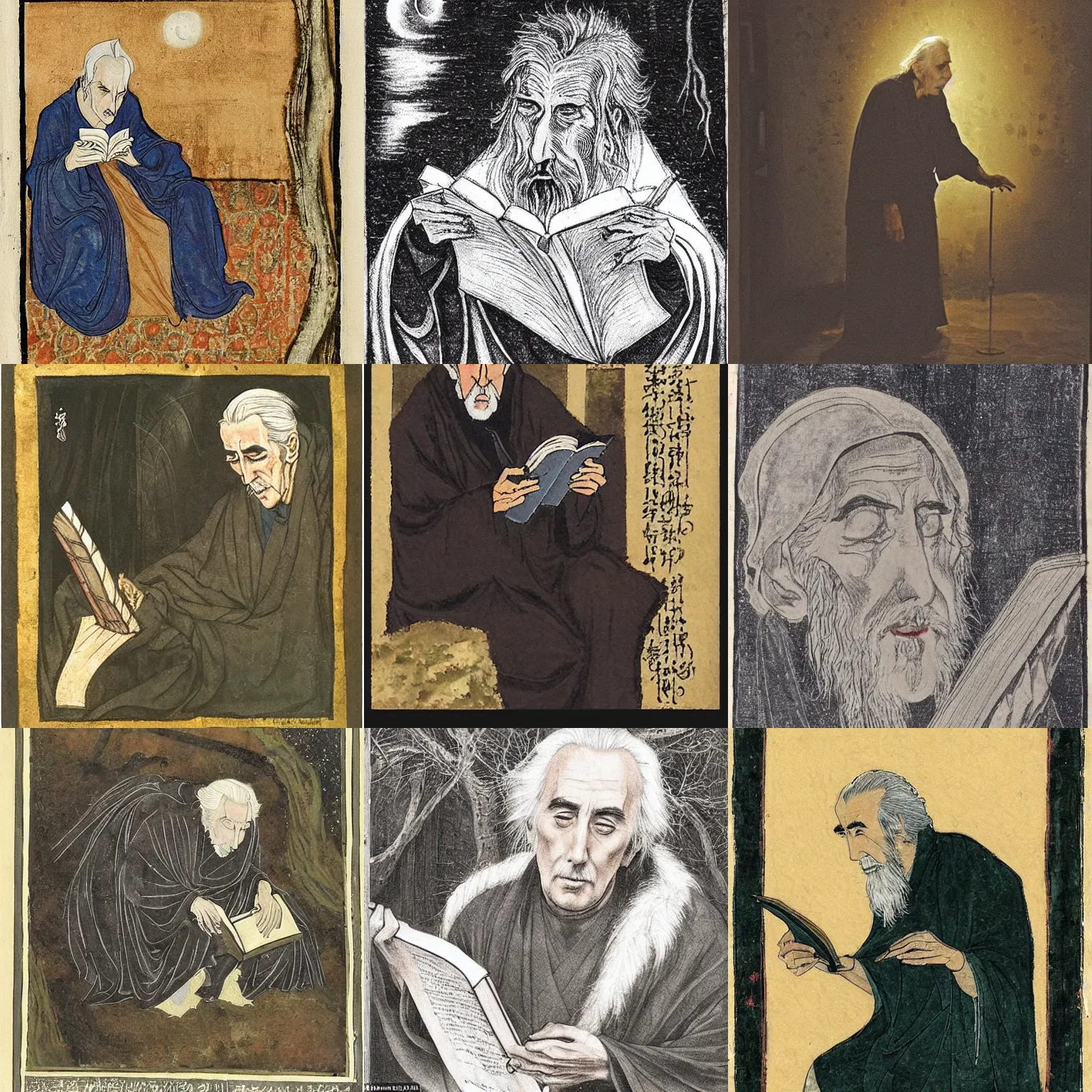 Prompt: a 1 3 th century, enigmatic, melancholic, fae wizard ( look like ( ( eighty years old christopher lee ) ), is ( ( reading an old book ) ). light dust, magnificent, hyperdetailed, theatrical, painted by hasegawa tohaku