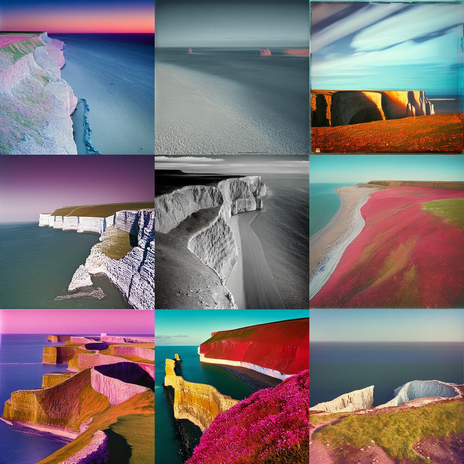 Prompt: Seven Sisters cliffs in Essex, hasselblad 907x xcd 30 f3.5 kodak aerochrome, professional photography