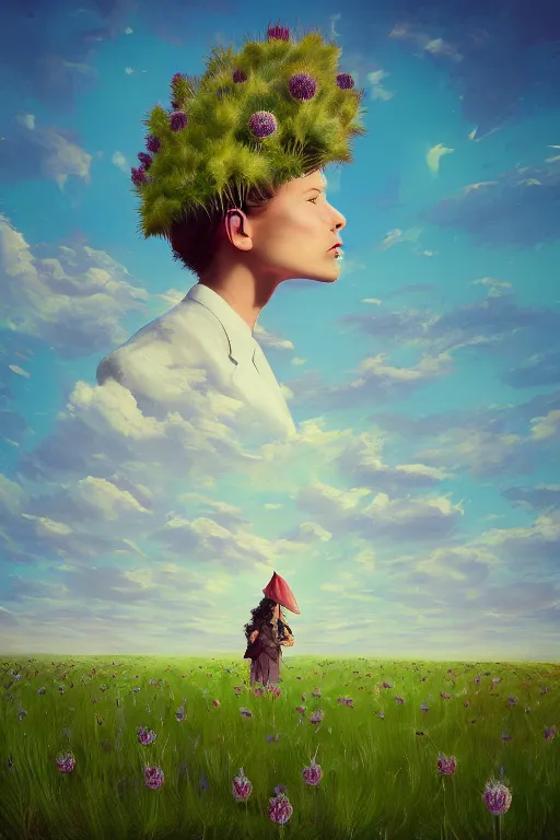 Prompt: portrait, a huge thistle flower under head, a girl in a suit in field of flowers, surreal photography, sunrise, blue sky, dramatic light, impressionist painting, digital painting, artstation, simon stalenhag