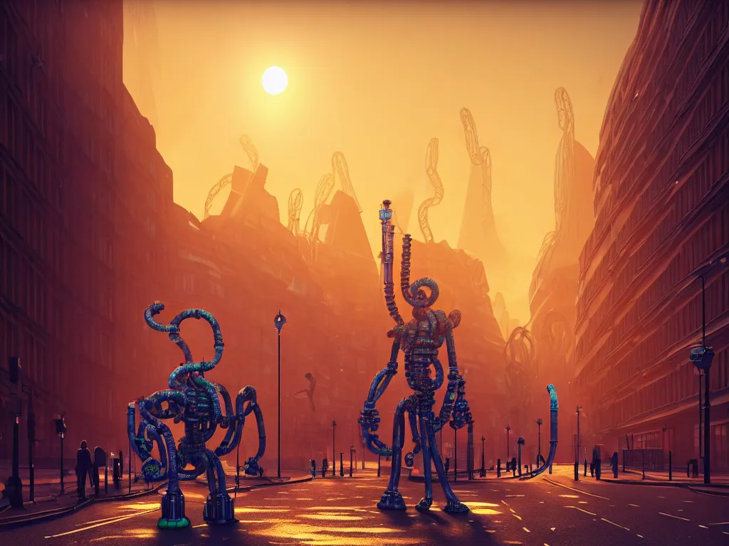 Image similar to a giant ancient beautiful cyborg of the elder gods with pipes and tubes in the city of London, London streets in background, colourful, dramatic lighting, golden hour, very detailed octane render very realistic beautiful