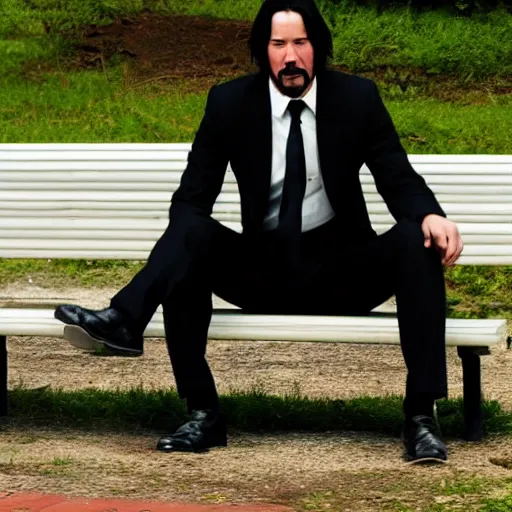 Image similar to Sad Keanu Reeves In a business black suit, sitting on a bench and sad, focus in the foreground, realism, details,