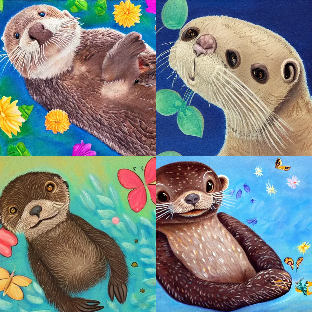 Prompt: detailed painting of a baby sea otter lying on its back playing with butterflies