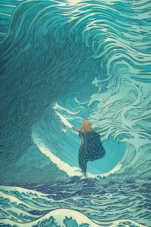 Image similar to a sea witch calling forth a giant wave by dan mumford and john harris and jean delville and victo ngai and josan gonzalez, highly detailed, photorealism, hyperrealistic, art deco, art nouveau