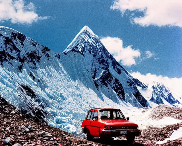 Image similar to a lomographic photo of old lada 2 1 0 7 standing on top of the mount everest, cinestill, bokeh