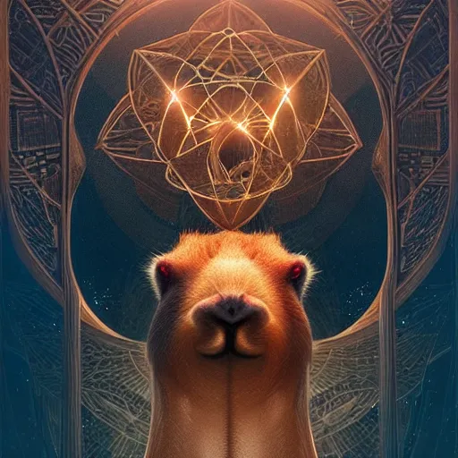 Image similar to capybara surrounded by sacred geometry made from elven architecture, gorgeous, powerful, cinematic, beautifully lit, by artgerm, by karol bak, 3 d, trending on artstation, octane render