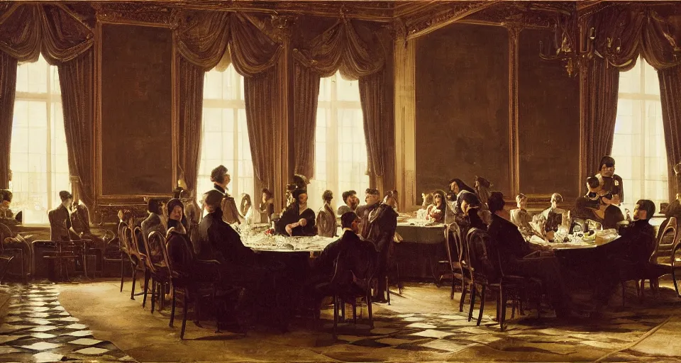 Prompt: Photograph of the view of interior of an exquisite luxurious grand dining hall with a dapper gentleman sitting at a table with a feast and a goblet by Thomas Eakins and Franz Xaver Winterhalter, grand tall huge windows displaying a beautiful Milan city outside by Canaletto, wide long view, f/11 aperture, unreal engine, deviant art, flickr, artstation, octane render, textured, colorful, hyperrealistic, physically based rendering, pbr render, very detailed, volumetric lighting, octane render, 4k, cinematic, 8k resolution,