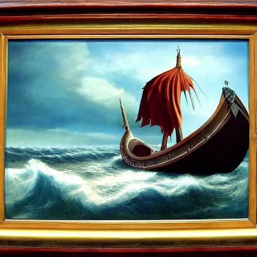 Prompt: viking longship in the sea, norse, history, wood, oil painting, waves, romanticism, clouds