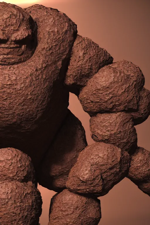 Image similar to a chunky brown rock golem made of hexagonal rocks with broad shoulders and a short thick neck, unreal engine, path tracing