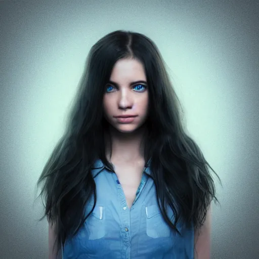 Image similar to album cover, girl with blue eyes, long dark hair, turned head to face camera from behind, 8K, volumetric lighting, highly detailed, immaculate scale, hyper-realistic