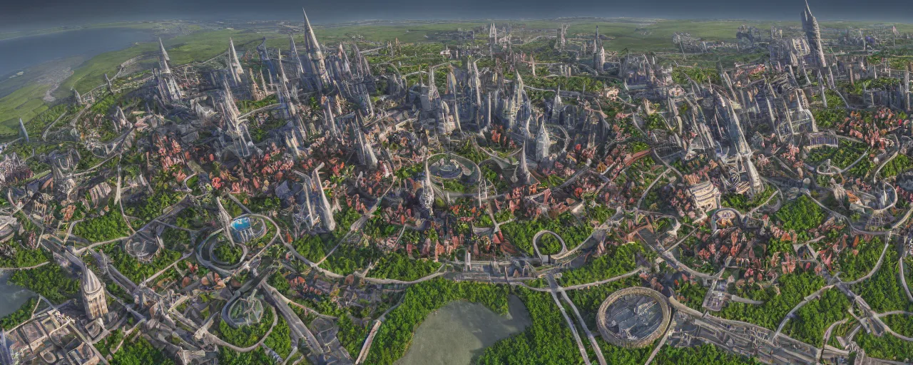 Image similar to Aerial view of Stormwind City, panorama, octane render, 8k resolution