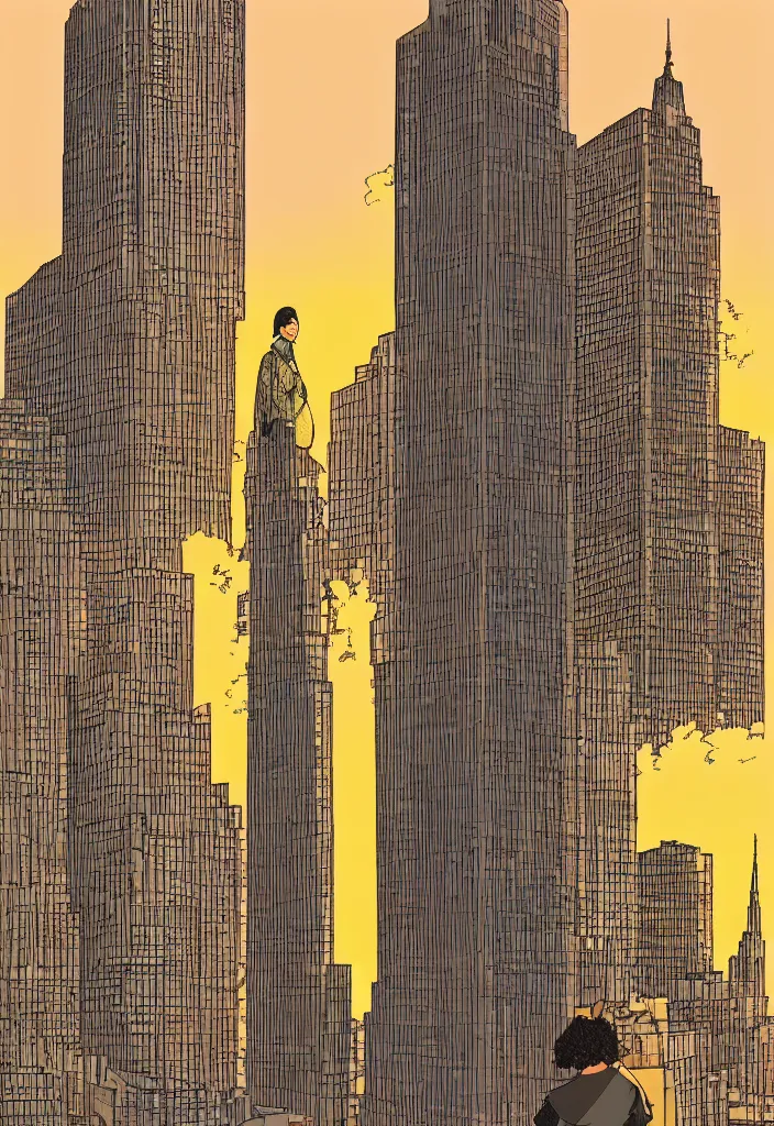 Image similar to a woman looking up at a large towering building in new york, sunset, golden hour, very detailed, illustration, by adrian tomine