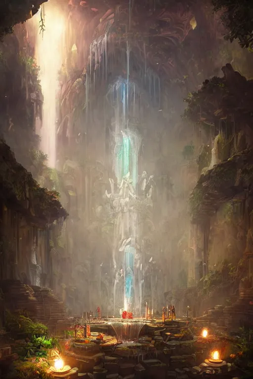 Prompt: Detailed Interior of Temple Ruins, Cascading Waterfalls, light of god, light shafts, candles, stunning atmosphere, in Style of Peter Mohrbacher, cinematic lighting